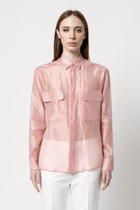camicia da donna in organza di seta leggermente trasparente con tasche frontali sul petto colore rosa baby