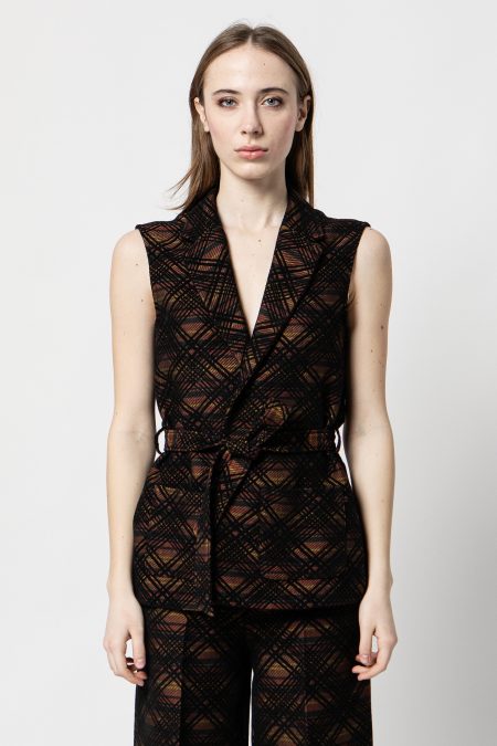 giacca gilet in tessuto a quadri con tessitura jacquard in colore prevalentemente nero