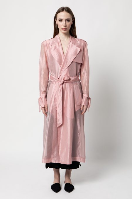 trench da donna in organza di seta rosa trasparente con cintura in vita